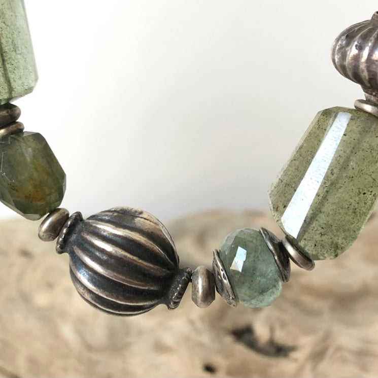 Moss Aquamarine necklace with antique coin silver beads handmade jewelry