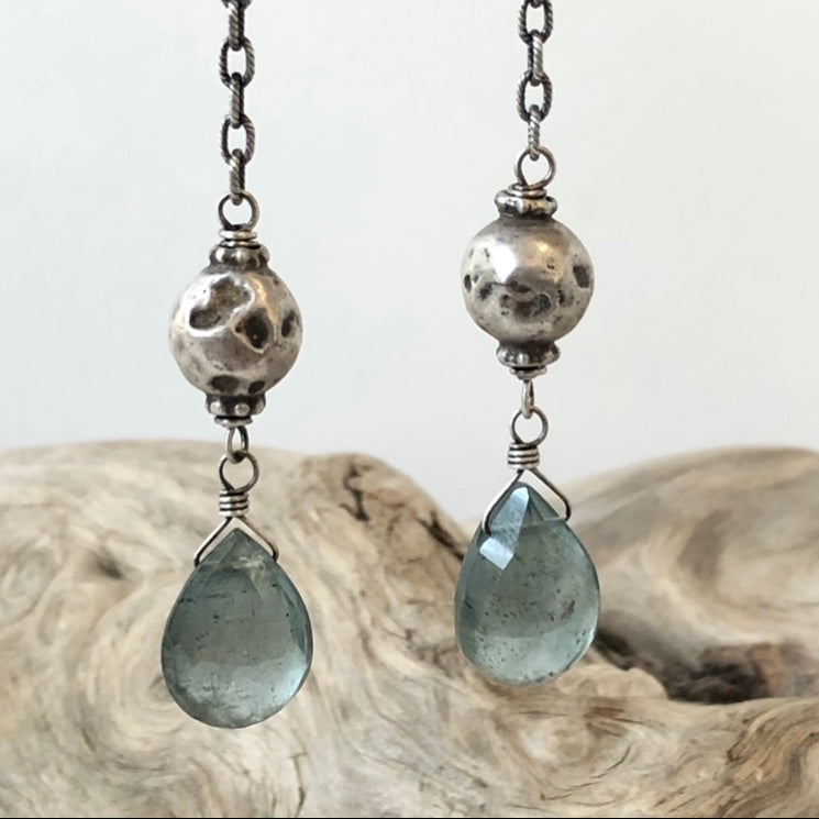 Moss Aquamarine earrings with antique coin silver beads handmade jewelry
