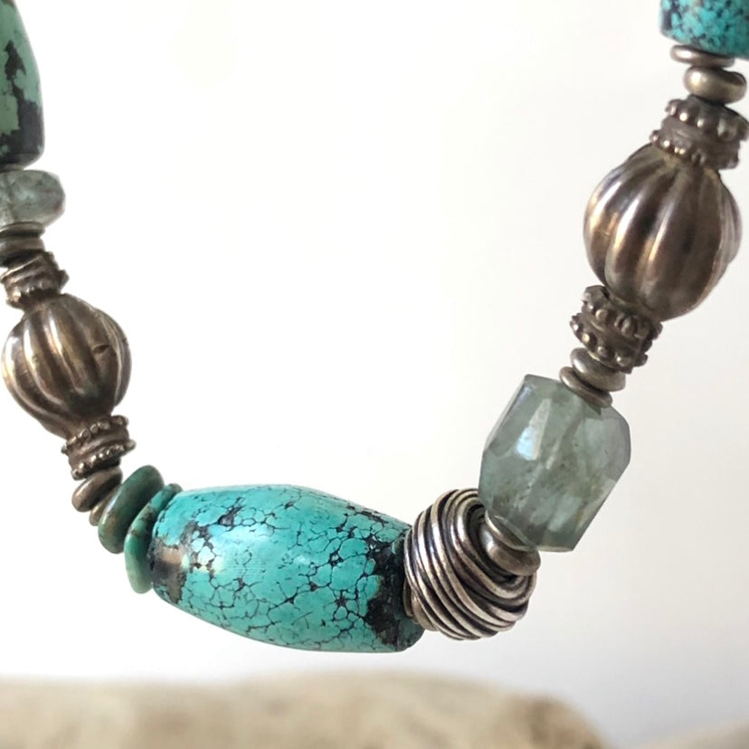 Turquoise and moss aquamarine hand made necklace with antique coin silver beads